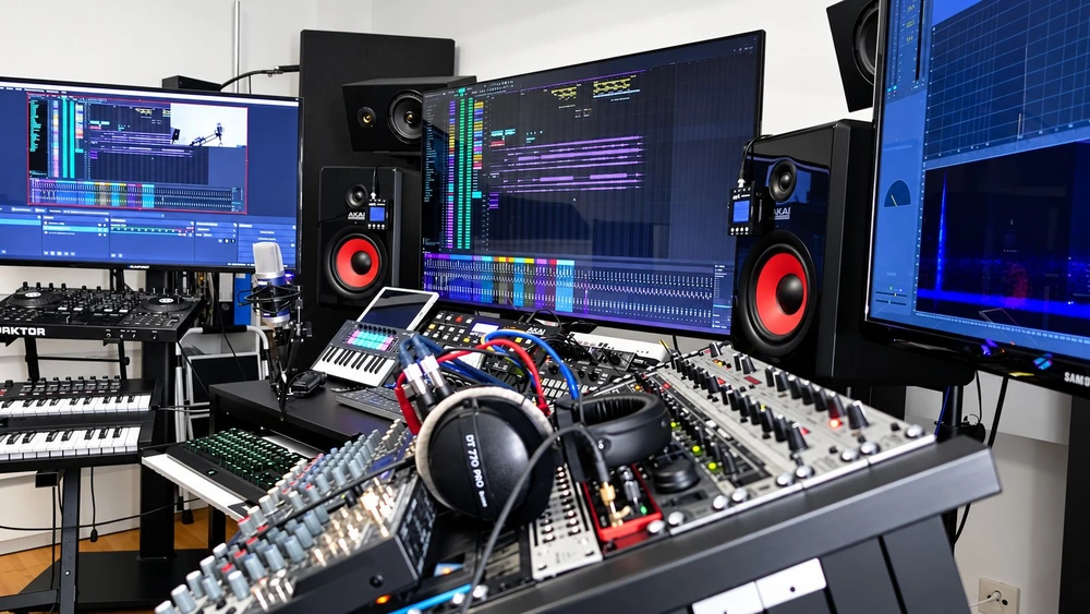 Studio-Arbeitsplatz mit Mischpult, Studiomonitoren und DAW-Bildschirmen